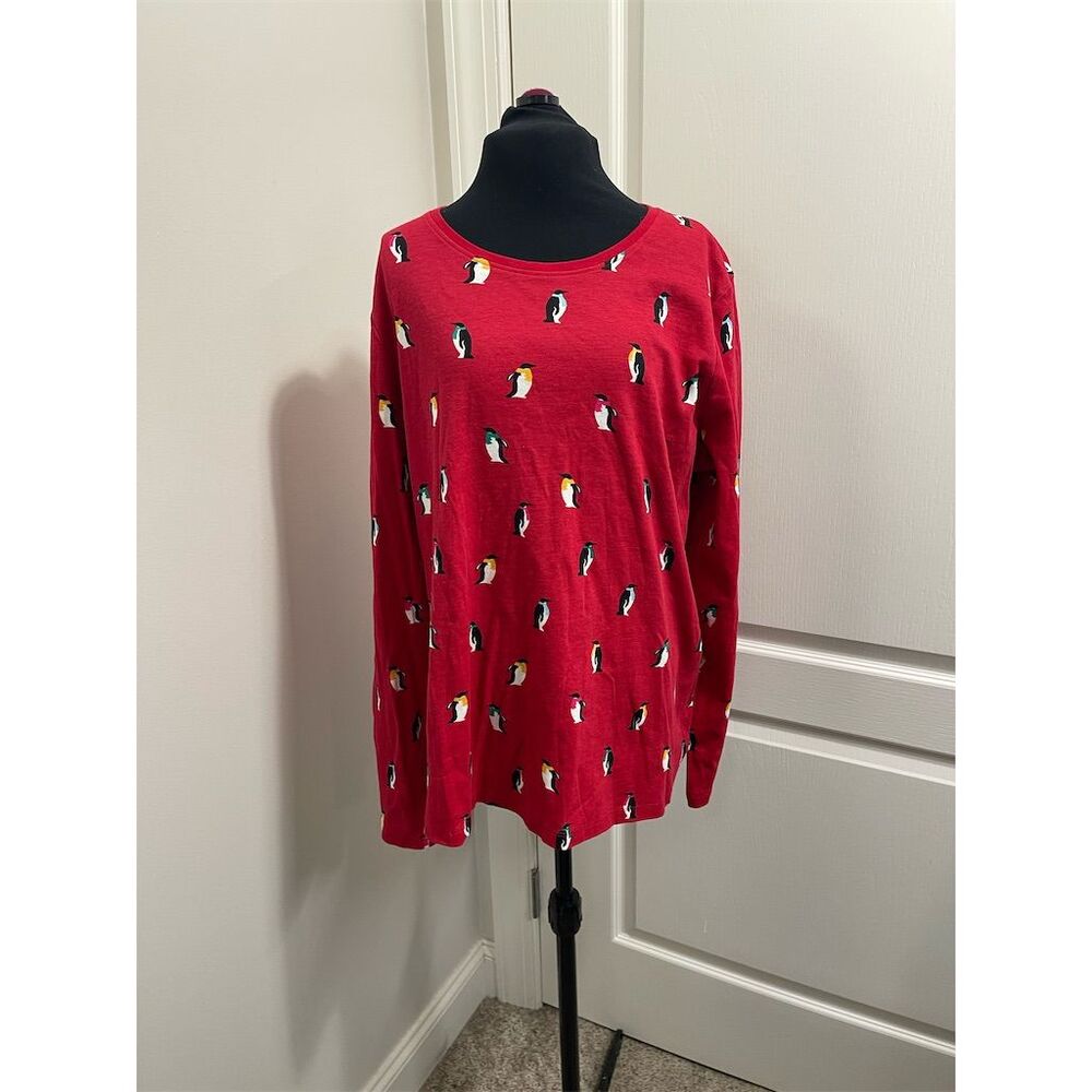 Kim Rogers Women's L Red Penguin Print Long Sleeve Top Casual Winter (sku511)
